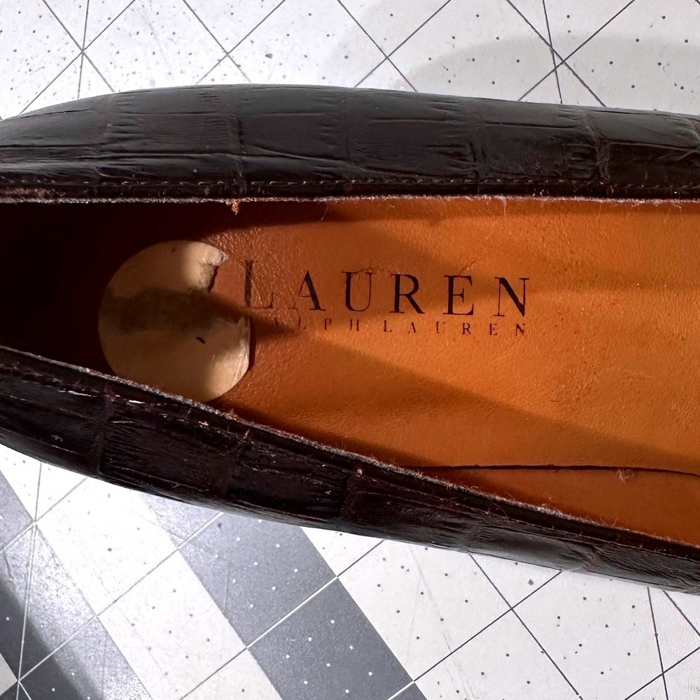 Lauren Ralph Lauren VTGE Pumps Size.7B Brown Croc Embossed Leather Block Heel - Picture 6 of 8